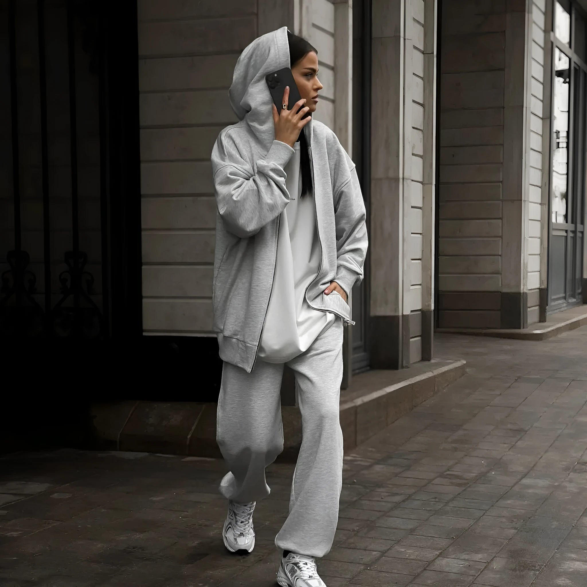 Red loose fit street style long sleeve coat and trousers two-piece set on a hanger