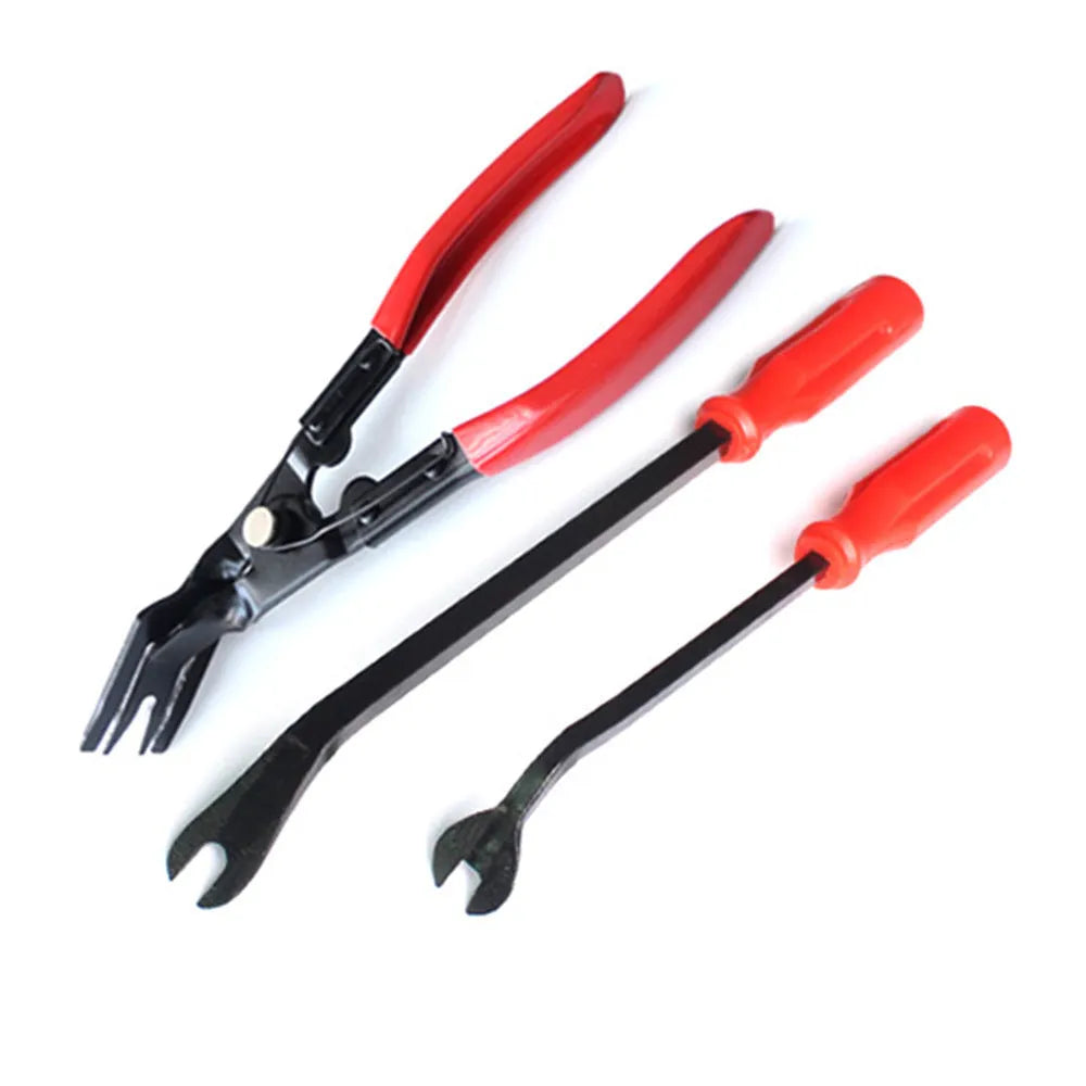 Red handled automotive door panel clip removal tool for General Motors vehicles