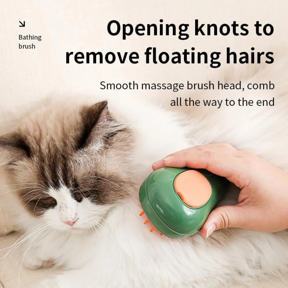 Green and white rechargeable cat steam brush comb with silicone bristles and water spray.
