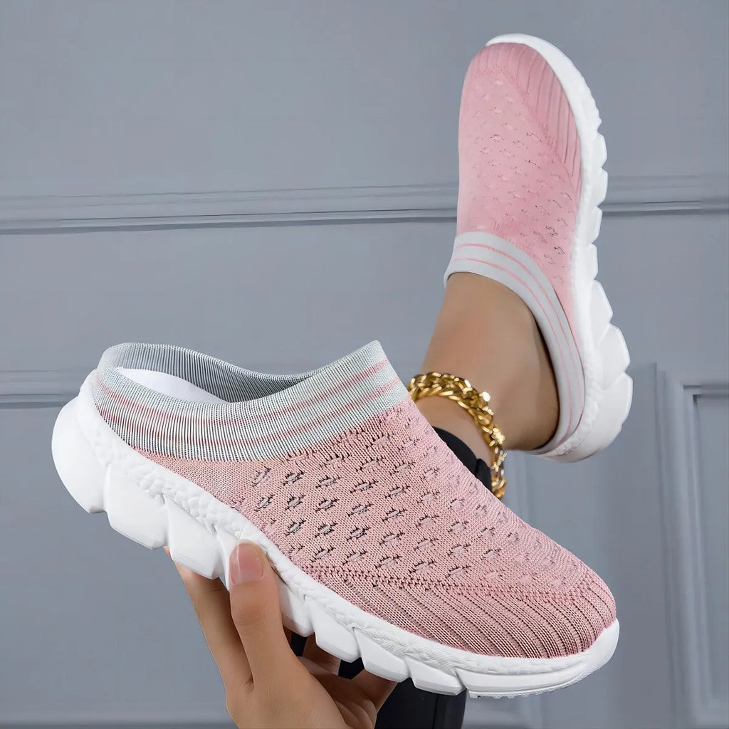 Women's black Flyknit height-increasing slipper shoes with striped pattern and hollowed-out breathable design