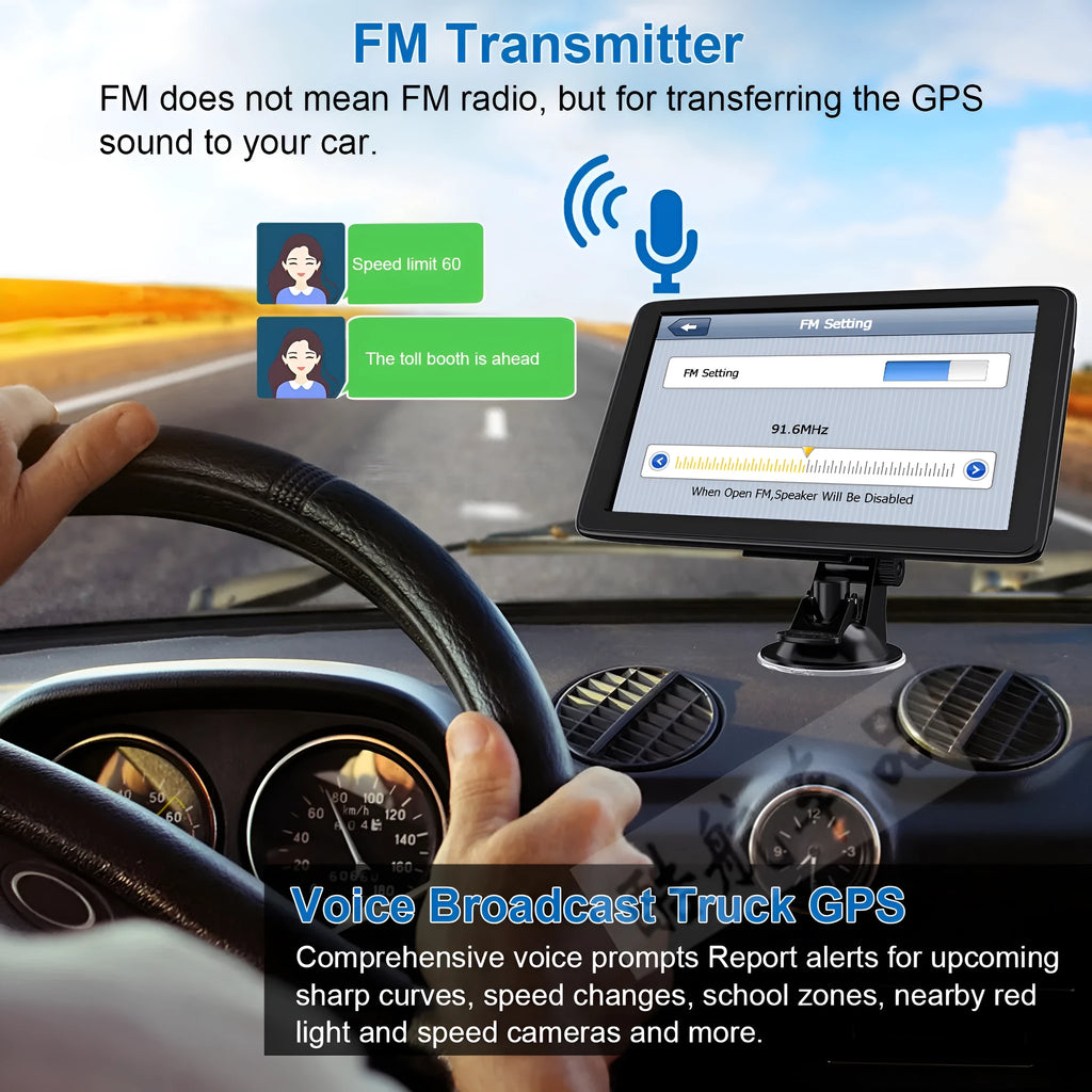 7 inch car GPS navigation device with touch screen displayed on dashboard mount