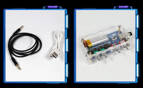 Music Tesla coil driver board with controller and cables, showing 220V power input and 3.5mm audio port.