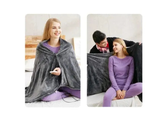 Dark grey USB heated blanket shawl made of coral fleece with controller, 150x85cm