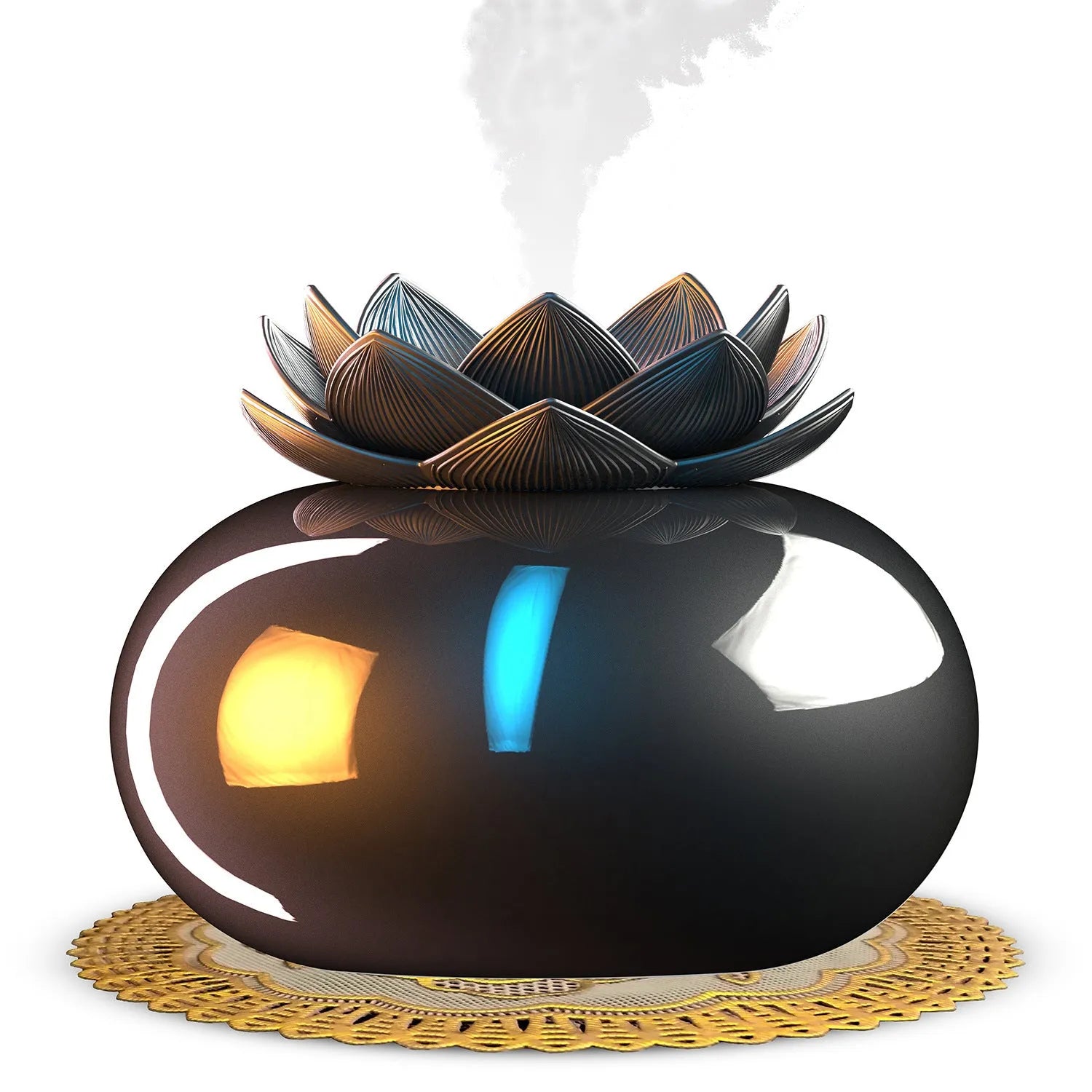 Pure black round Lotus ultrasonic aromatherapy humidifier with USB cable.