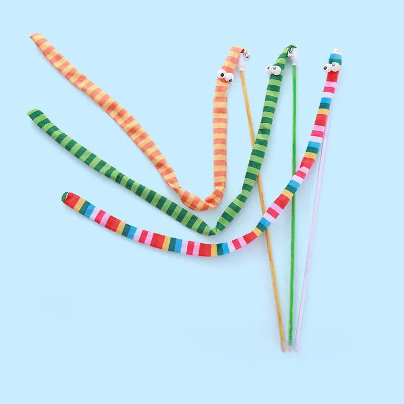 Plush cat teaser wand toy with colourful strip and bell on polycarbonate pole