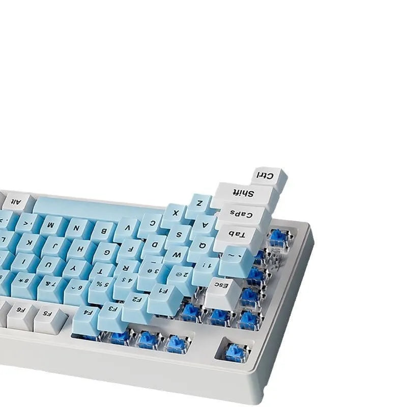 Mechanical keyboard with three connectivity modes in blue and white colour matching design