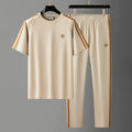 Men's blue short sleeve suit in ironing-free ice silk style polyester with matching trousers