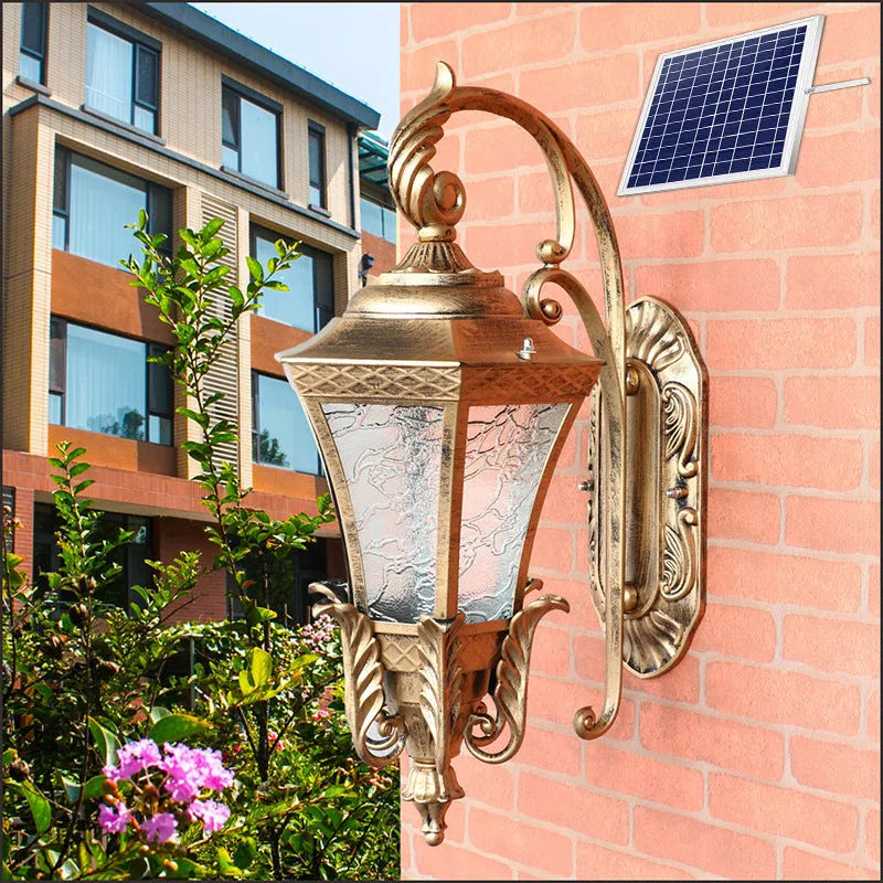 European-style black outdoor wall lamp with solar panel mounted on exterior wall