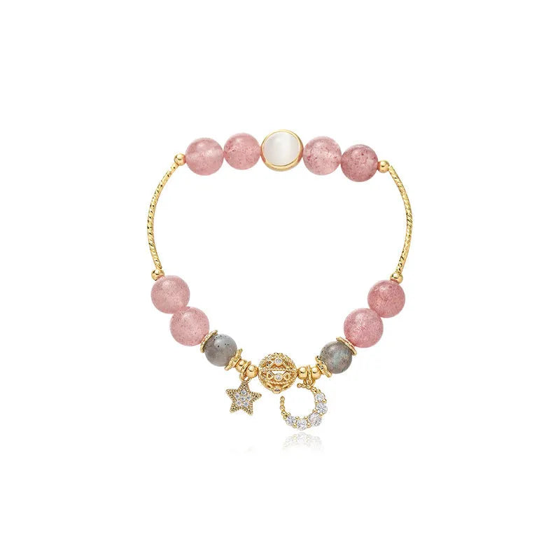 Natural stone bracelet with crystal beads and star moon alloy charms for women, retro pastoral style