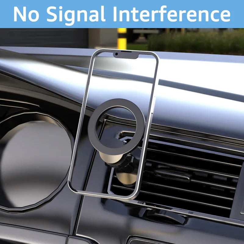 Black magnetic car phone holder attached to vehicle air vent