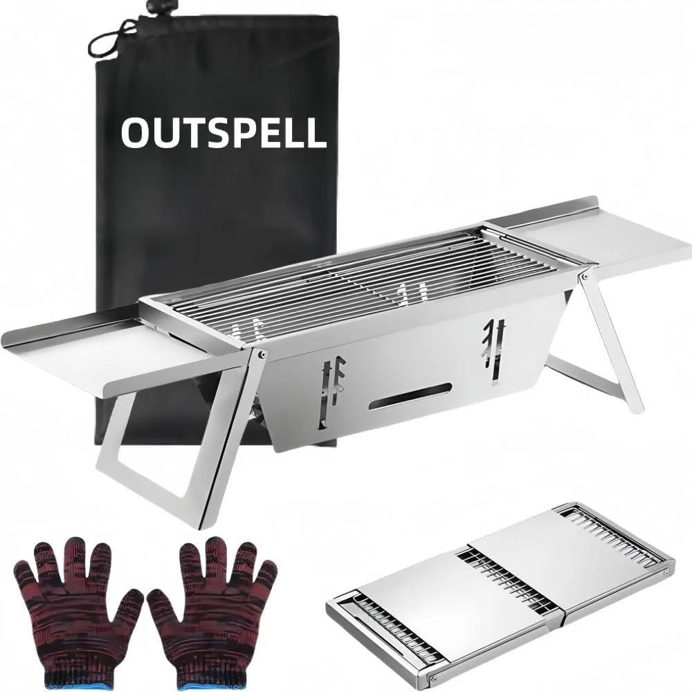 Small foldable portable charcoal barbecue grill shown open for cooking and folded flat.