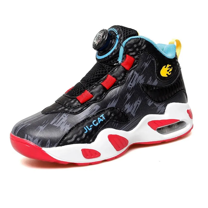 Children's rotating button basketball shoes in synthetic leather with PU sole, showing fastening system and colour options