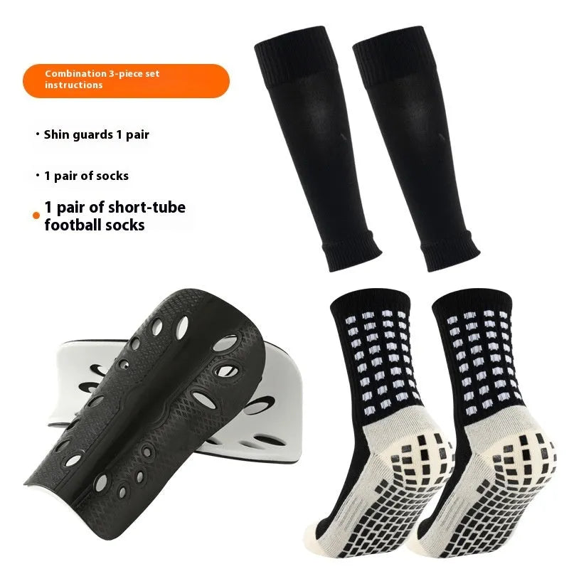 Thick below-the-knee long soccer shin guard set with non-slip socks and glue dispensing in multiple colours