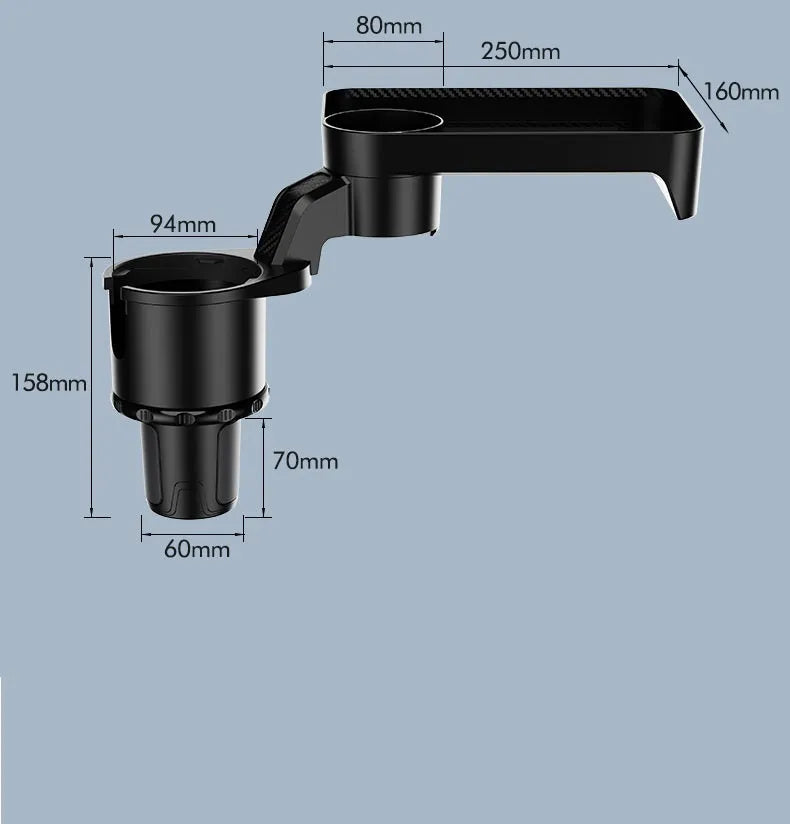 Black car dinner tray holder with 360-degree rotating mechanism mounted in vehicle cup holder