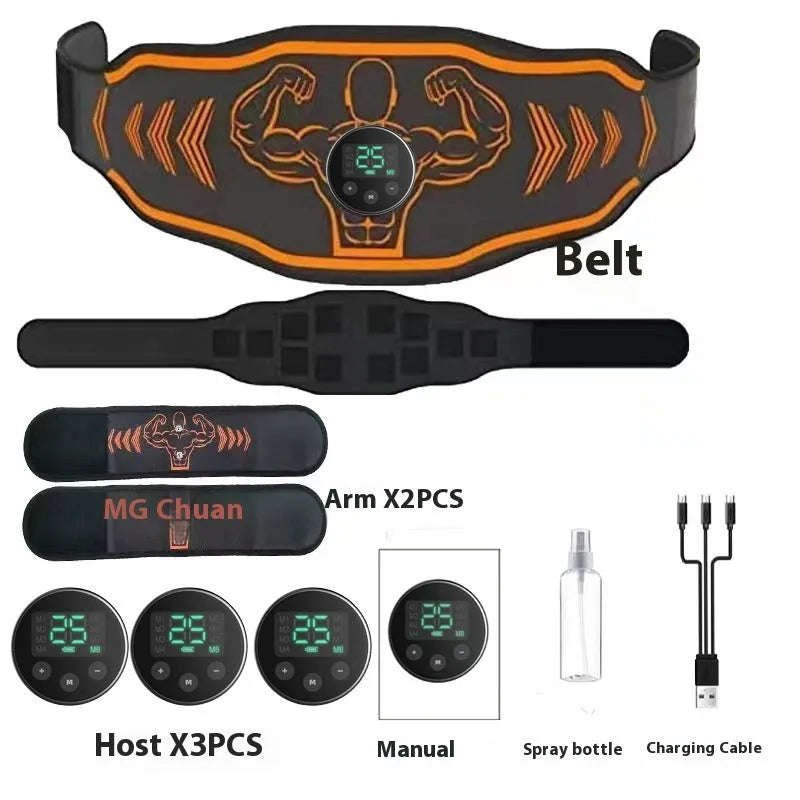 Smart EMS massage belt with adjustable strap and control unit in blue colour