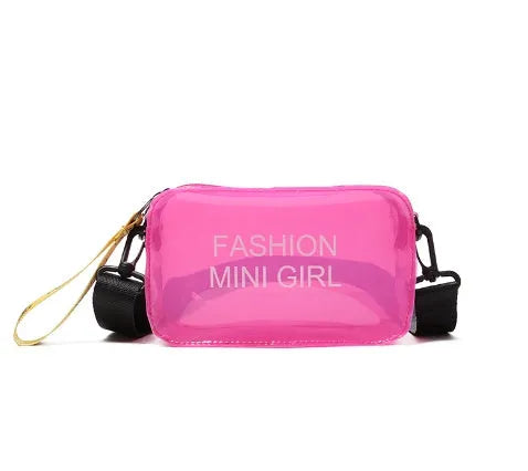 Transparent square jelly women's shoulder bag with an adjustable long strap, shown in multiple colours.