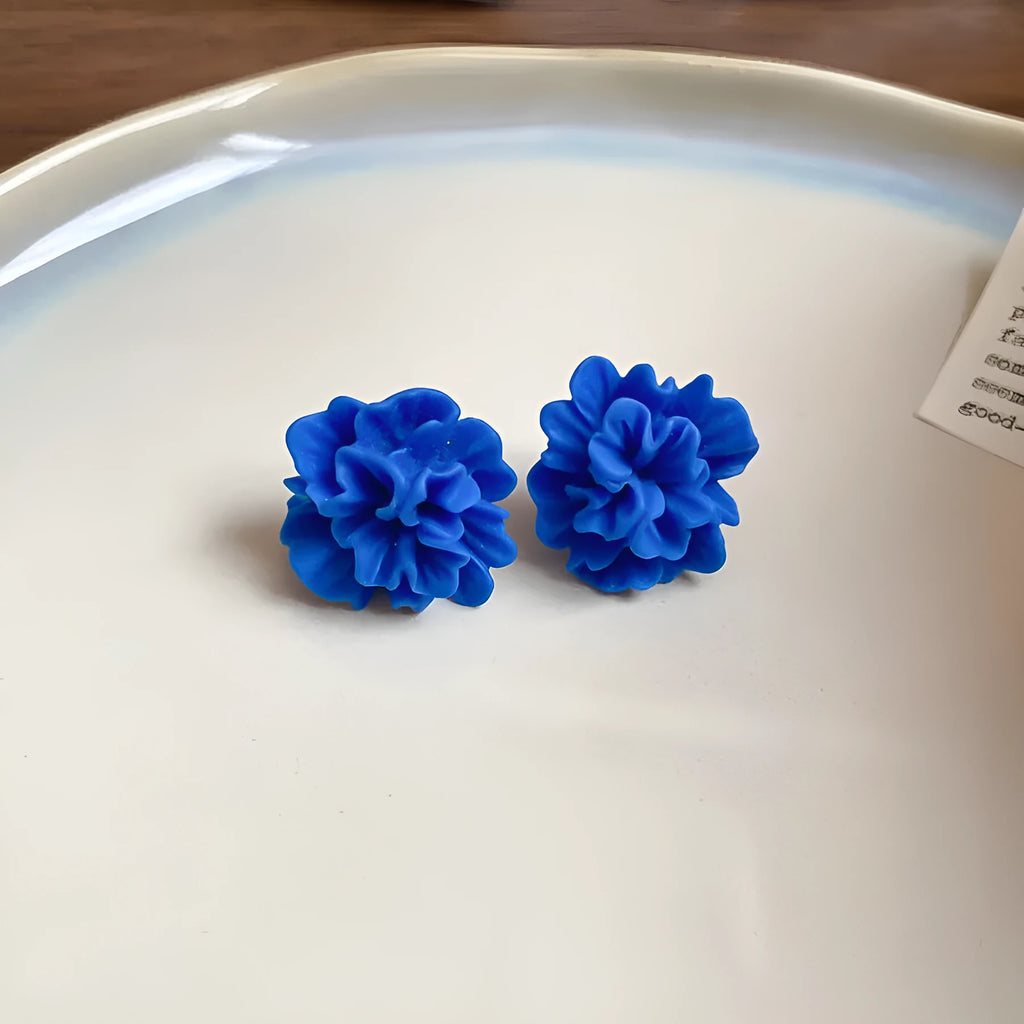 Geometric women's earrings with cloth base and silver needle-blue resin flower accents in 30# colour