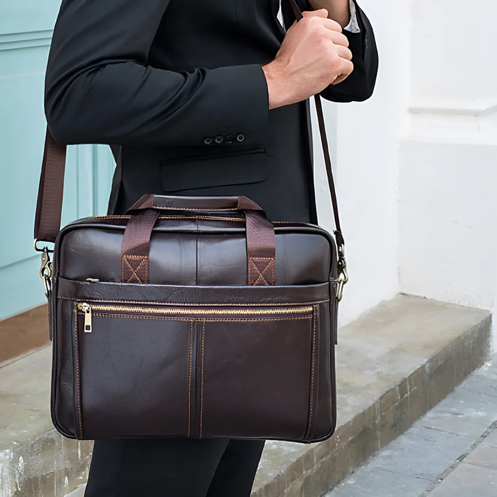 Men's genuine cowhide leather handbag in solid colour, waterproof business commute bag with strap