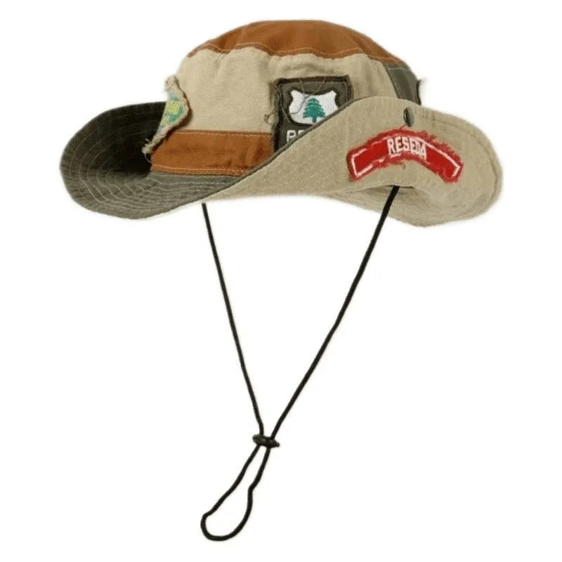 Army green cotton foldable fisherman hat with hand-painted patchwork and flat top crown