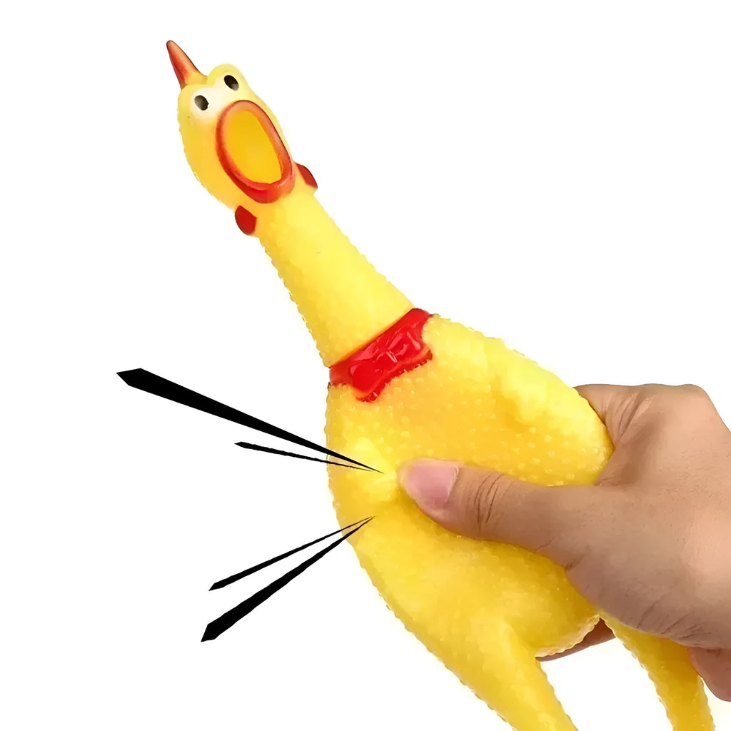 Yellow rubber screaming chicken dog toy in three sizes for chew and play