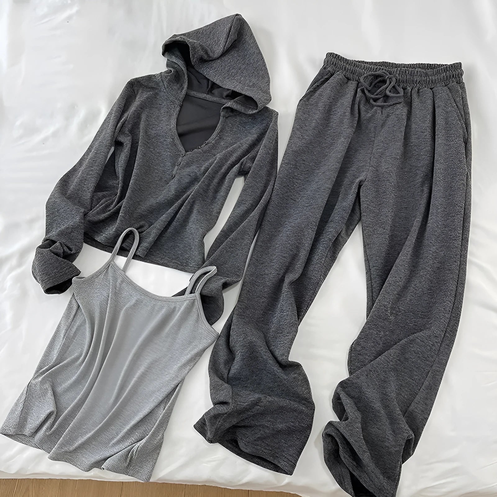 Women's gray casual sports suit with princess sleeves top, shorts, and vest, available in sizes L to 4XL