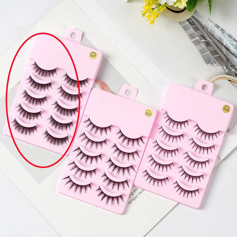 Set of manga style false eyelashes showing natural slim length styles 007, 008, and 009 on black plastic bands.