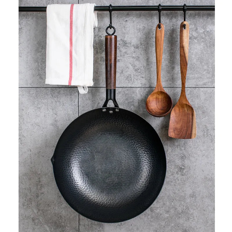 40cm traditional black iron wok with wooden handle and glass lid option