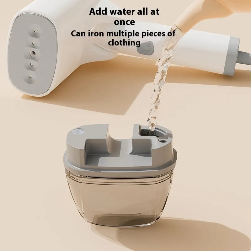 Blue and white handheld garment steamer with water tank and temperature control