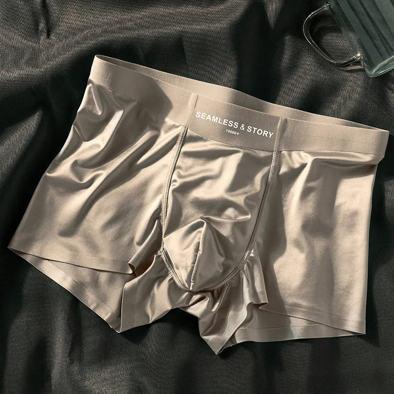 Satin finish ice silk men's underwear in mid waist design showing traceless construction and colour options