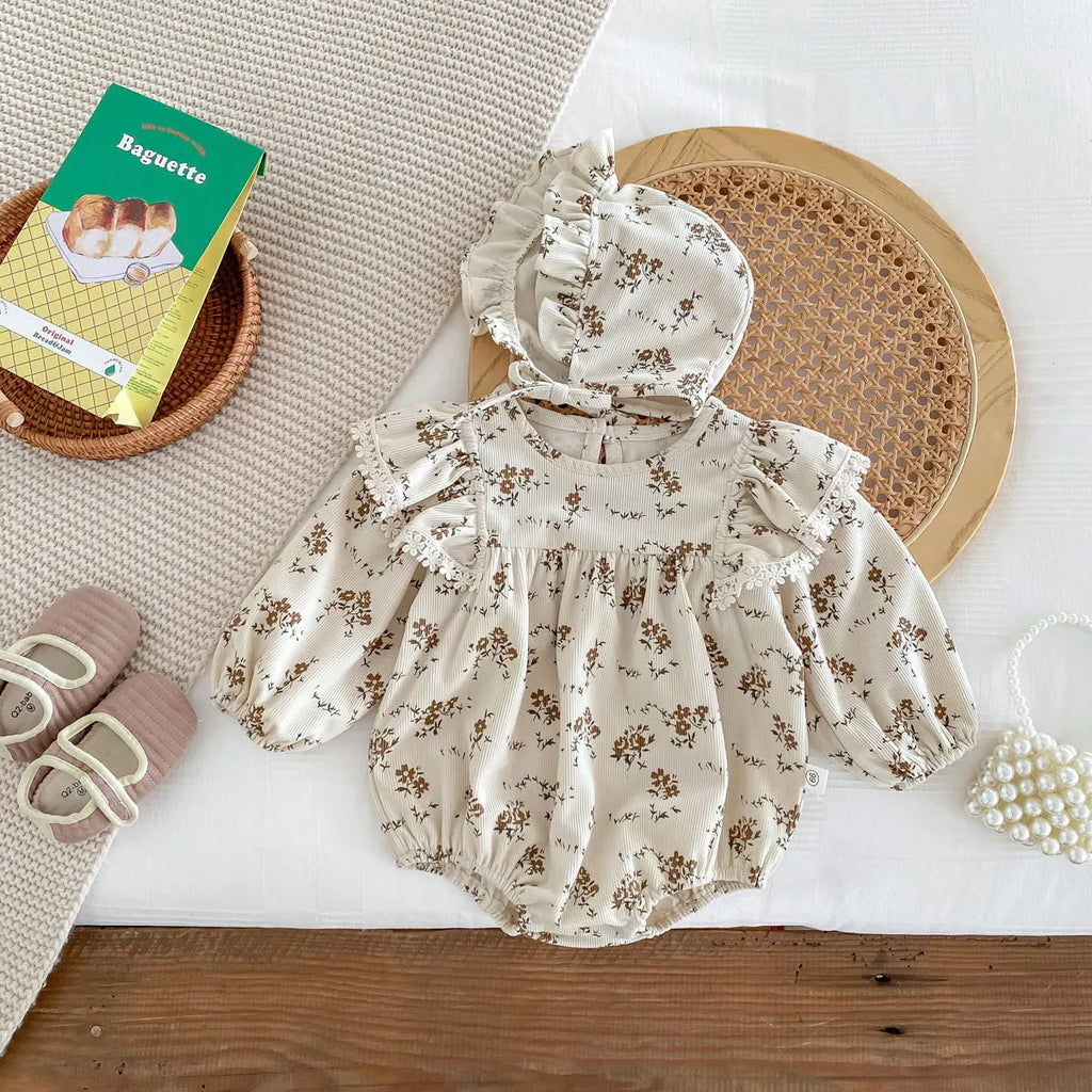 Baby girl corduroy floral jumpsuit in triangle style with long sleeves, round neck, available in black shivering colour