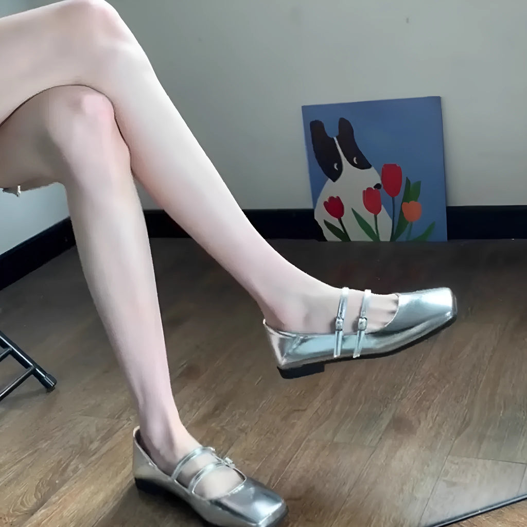 Women's silver sheepskin leather ballet flats with cross buckle strap and low flat heel