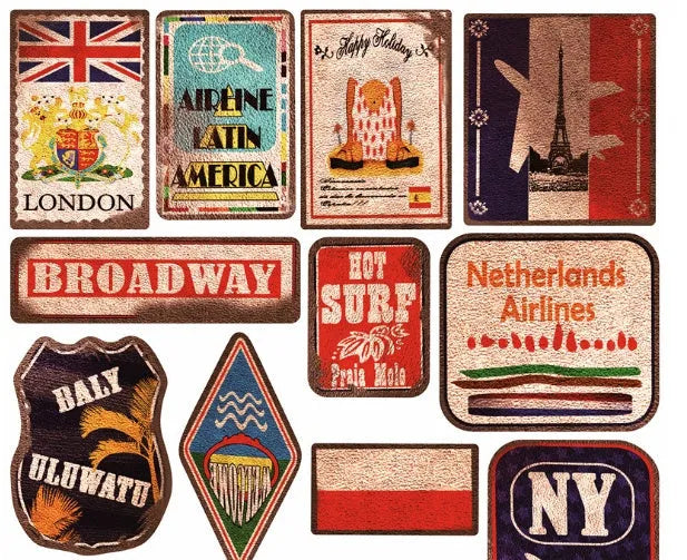 Collection of 36 retro beach and surfing themed PVC stickers with matte finish ranging 6-10cm