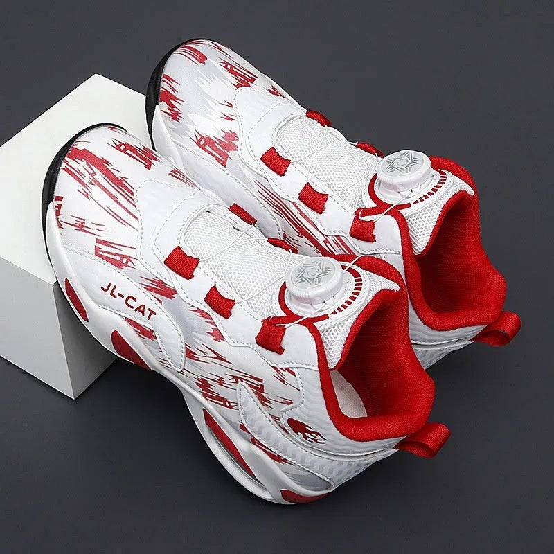 Children's rotating button basketball shoes in synthetic leather with PU sole, showing fastening system and colour options
