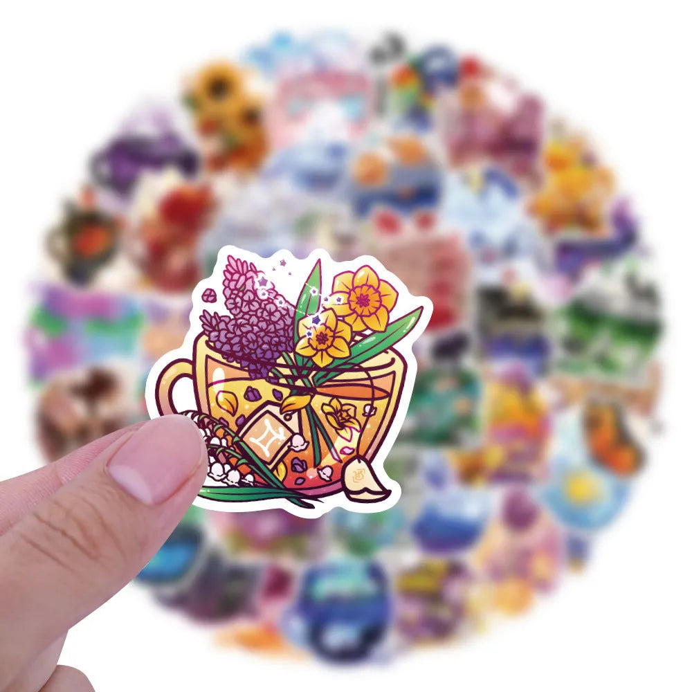 Pack of colourful tea cup graffiti design waterproof stickers for DIY scooter and luggage personalisation.