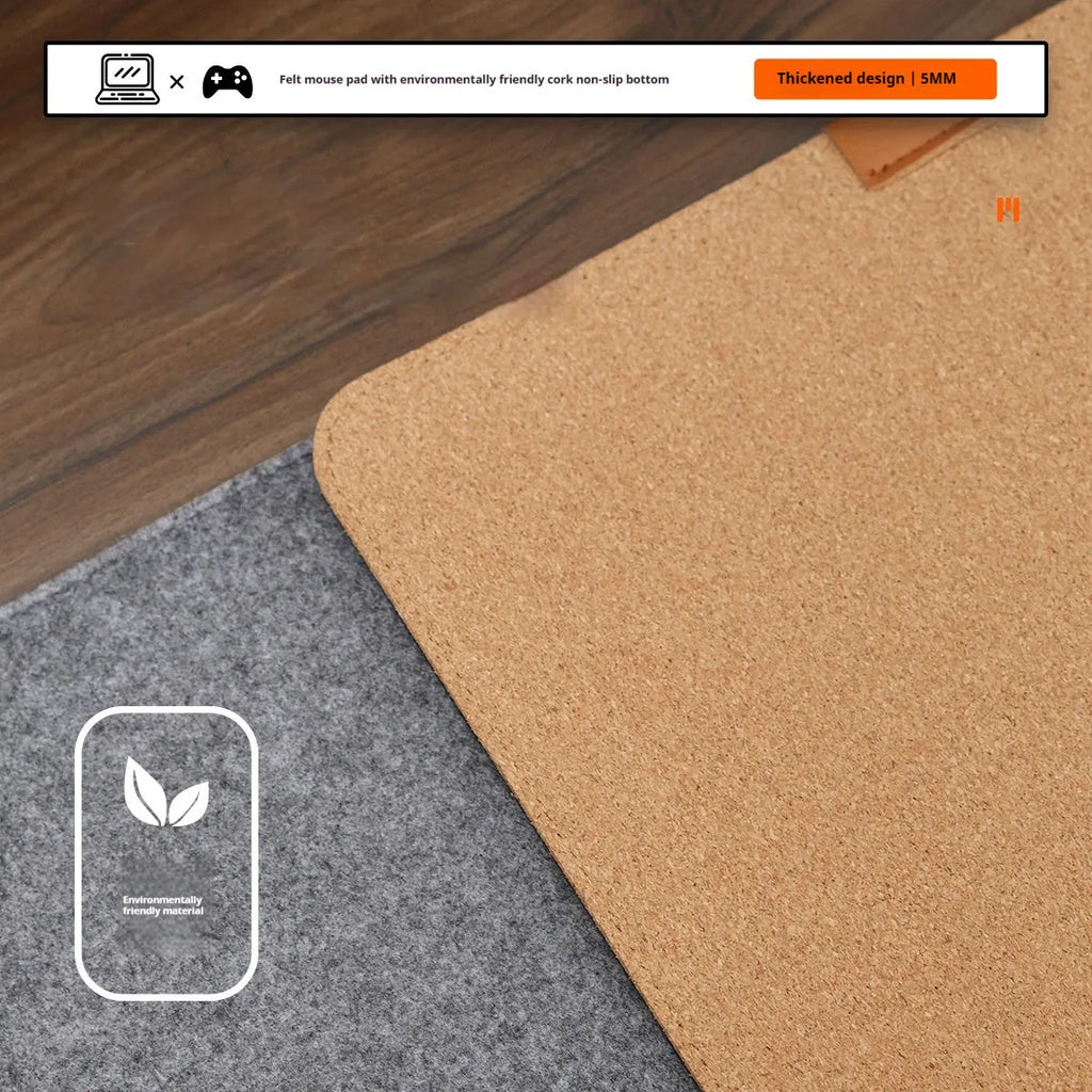 Oversized grey felt and cork desk mat with Japanese style simple design on a wooden desk