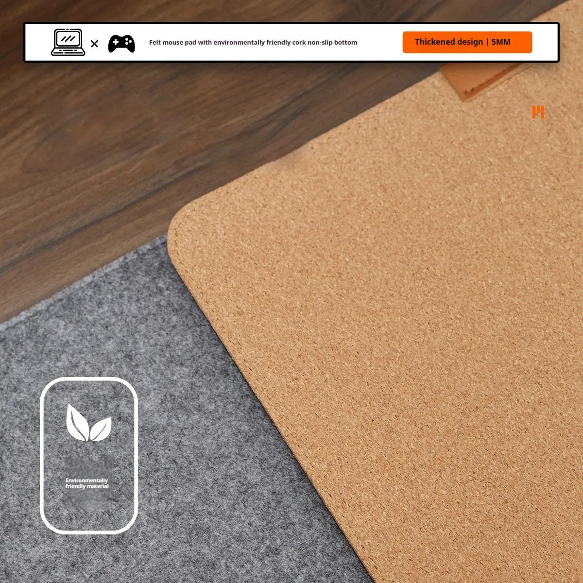 Oversized grey felt and cork desk mat with Japanese style simple design on a wooden desk