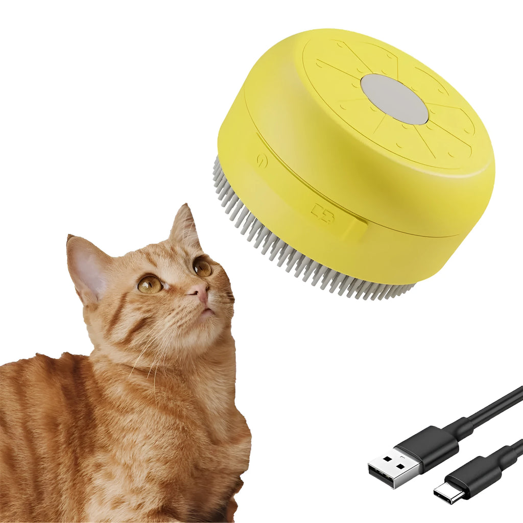 Green and yellow rechargeable pet steam brush with silicone bristles for cat and dog grooming