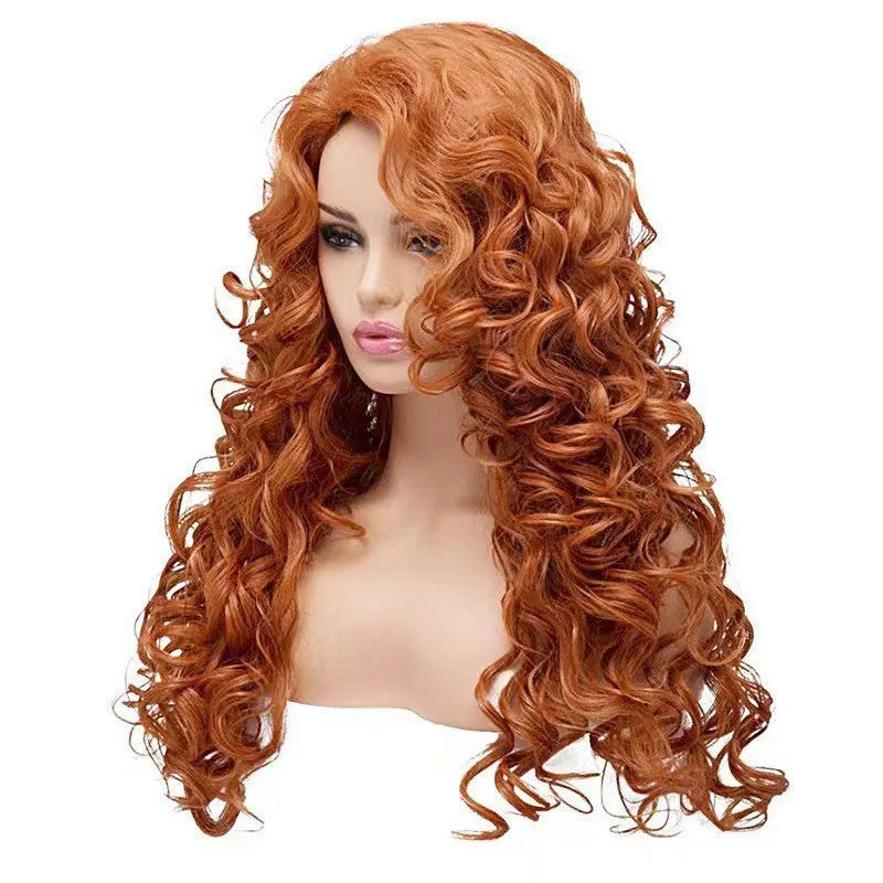 Brown long curly wig with instant noodles texture for Halloween cosplay on wig head