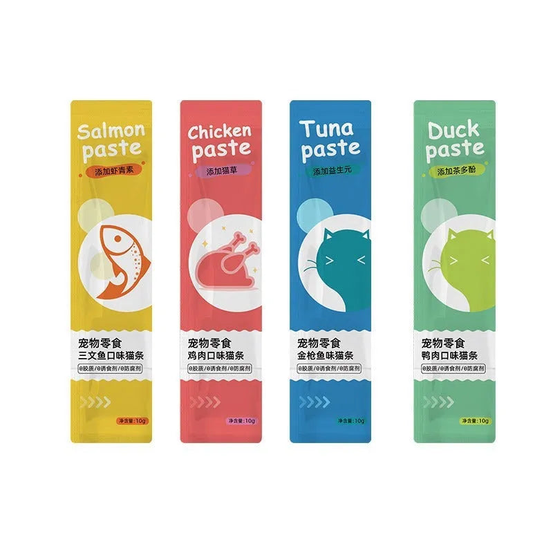 Pack of 10 cat snack strips for kittens with four flavour variety options