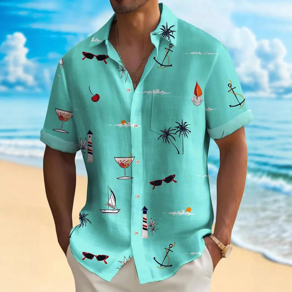 Men's loose fit Hawaiian shirt with digital printing pattern in polyester fabric showing short sleeve design