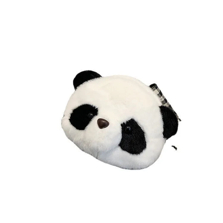 Soft plush cylindrical panda head crossbody bag showing front sandwich pocket.