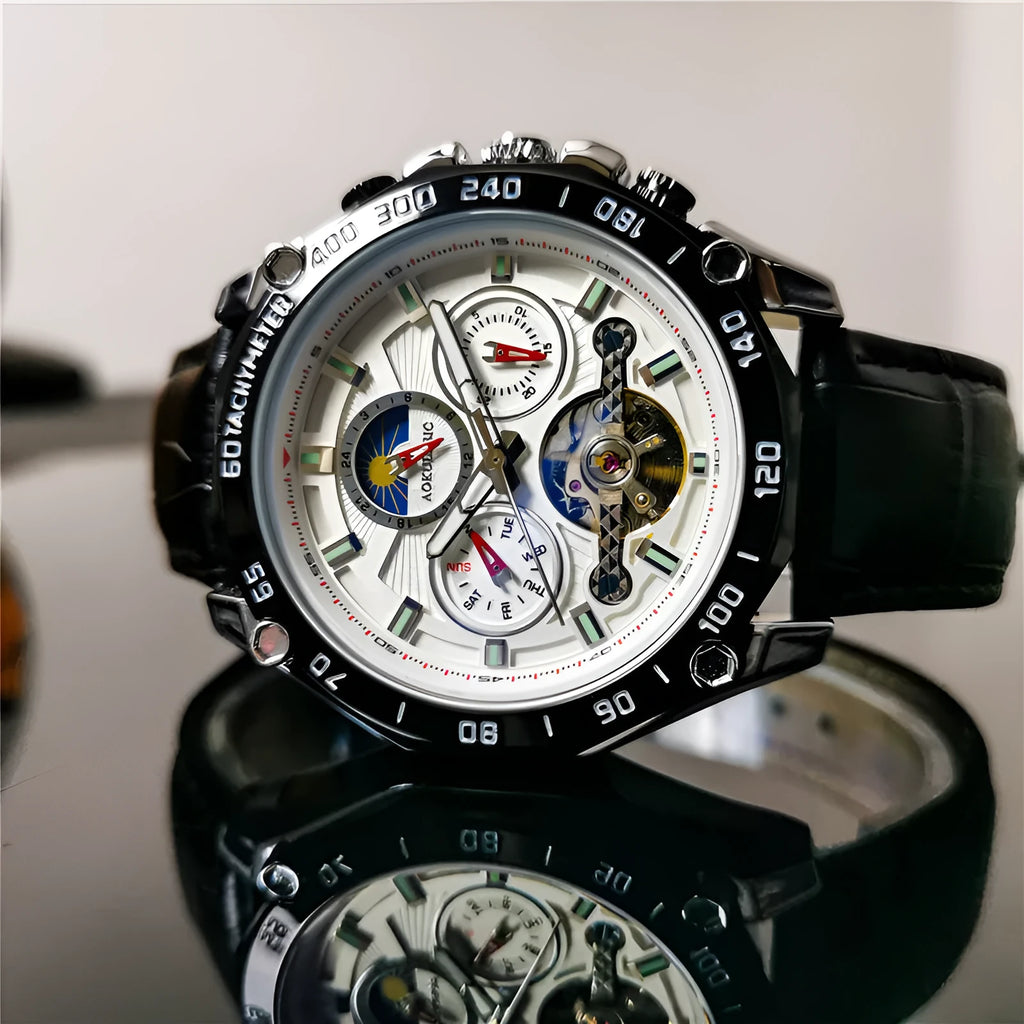 Men's automatic mechanical watch with 12mm case in various colour combinations including silver, black, and black with gold
