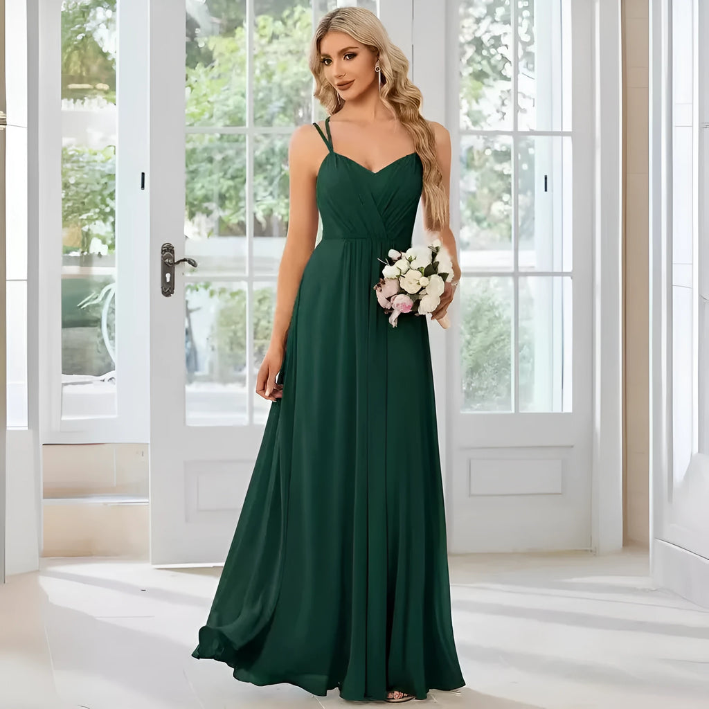 Women's sleeveless A-line long pleated dress in light green polyester fabric.