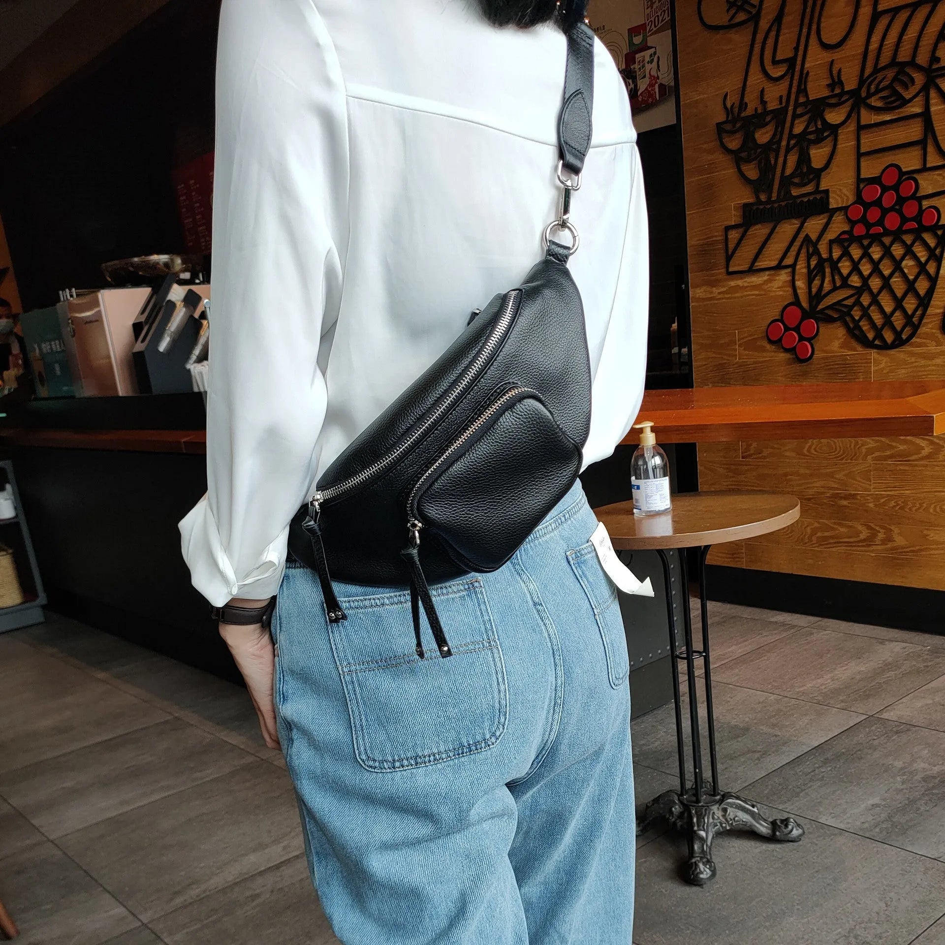 Genuine leather dumpling chest bag crossbody style black blue white colour options