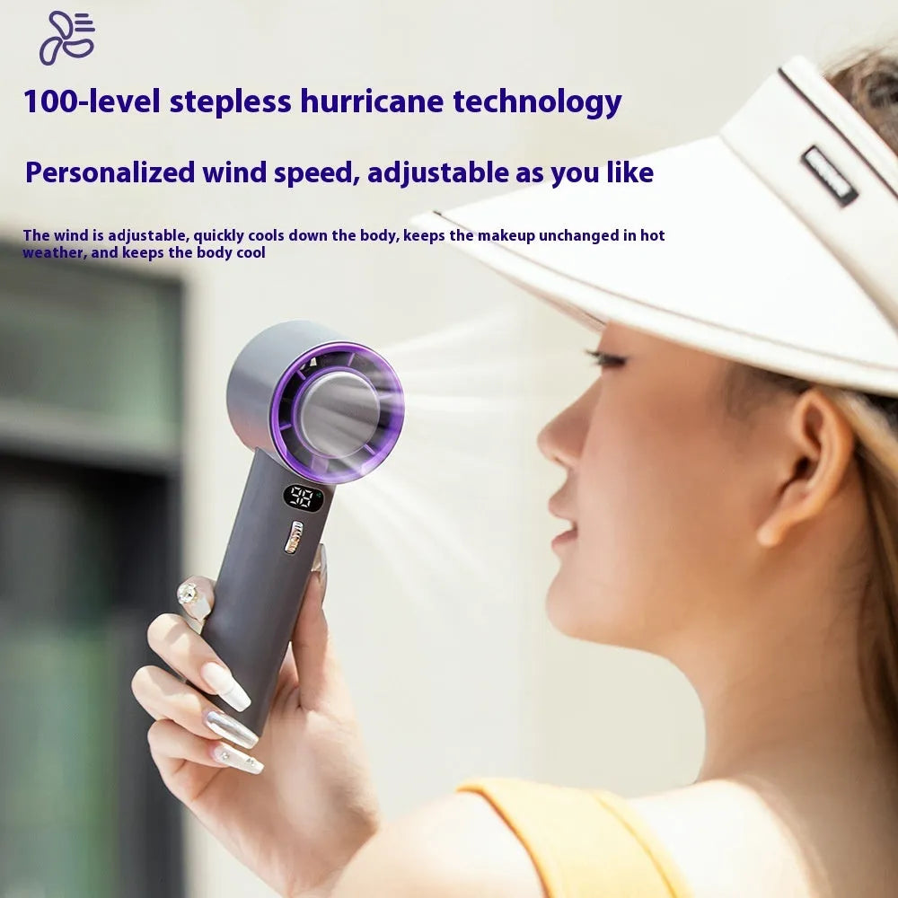 Portable handheld turbo fan with semiconductor refrigeration, 3000mAh battery, adjustable wind speeds, 58x60.5x170mm, white colour option
