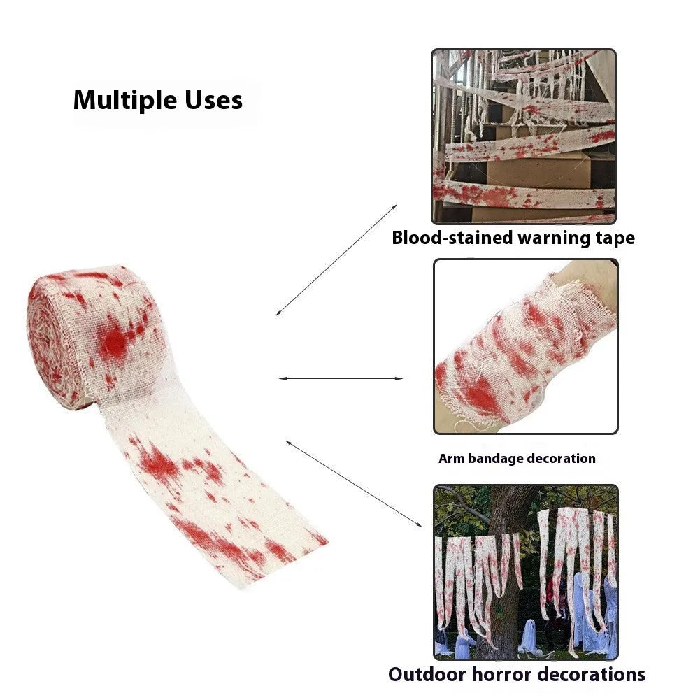 Bloody red polyester Halloween bandage roll showing 8cm width and textured surface for costume use.