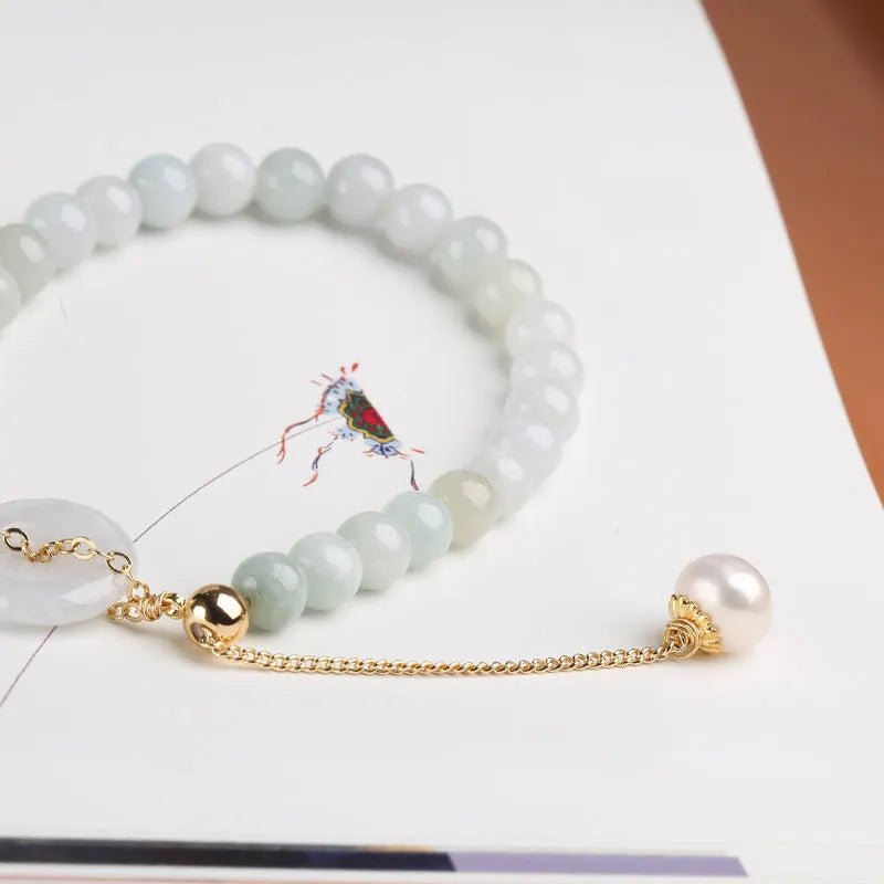 Natural emerald green jade peace buckle pearl bracelet for women with geometric design