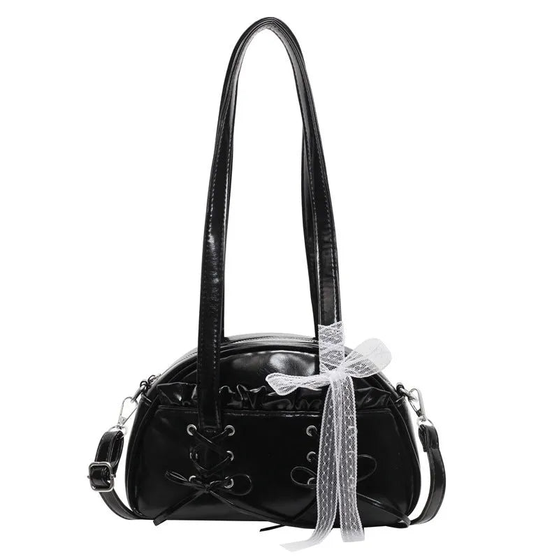 PU leather ladies shoulder handbag with phone compartment in milky white colour showing decorative stitching