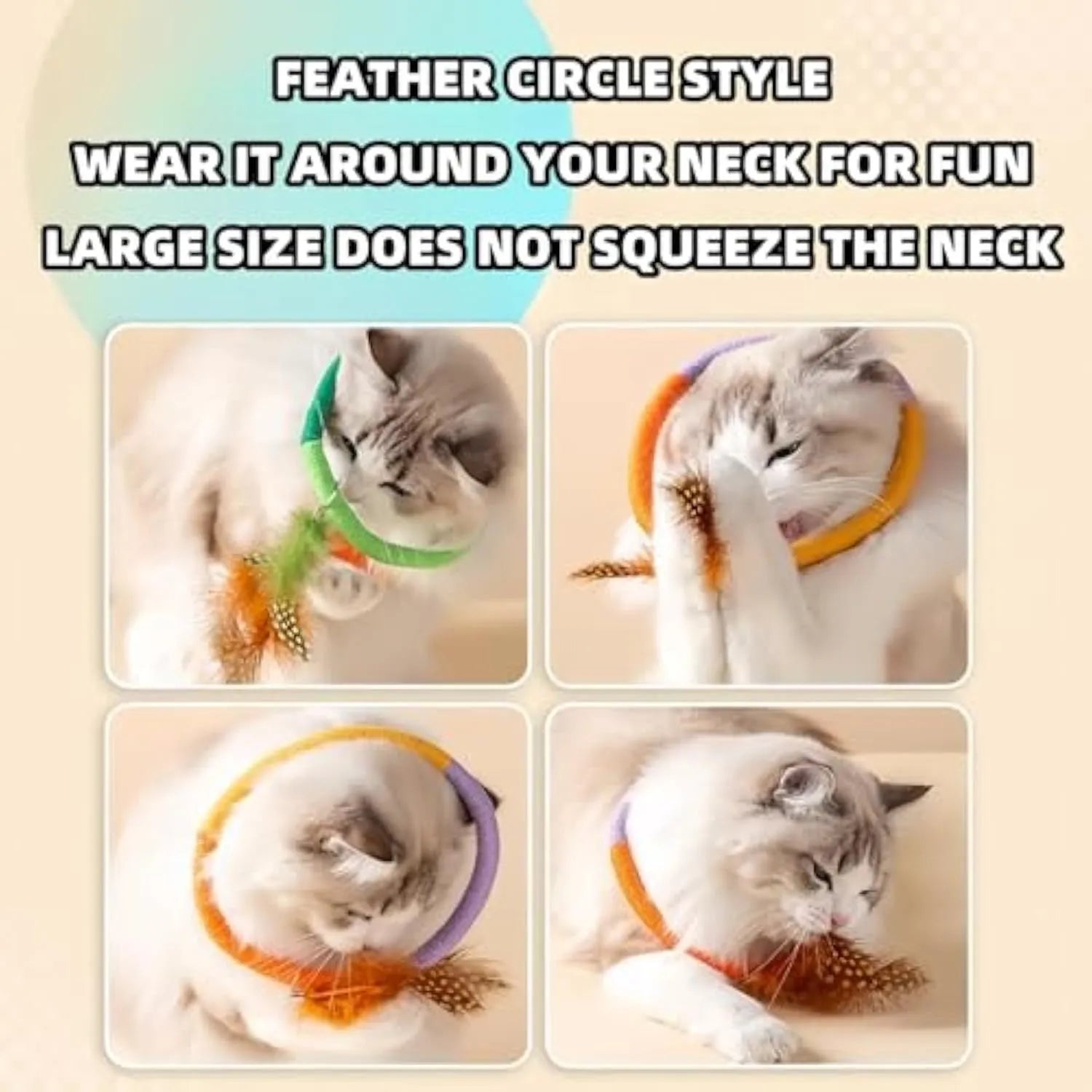 Circular cotton rope cat toy with feathers and catnip measuring 25cm in green and purple colours