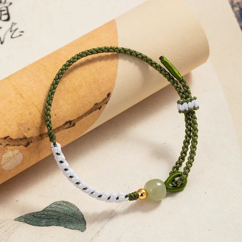 Hetian jade and sterling silver bracelet with colourful carrying strap in national tide style